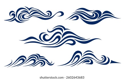 Set of wave elements in flat graphic style. Stylized, standalone wave shapes perfect for logos, branding, icons, and modern design concepts. Inspired by ocean motion and minimal aesthetics...