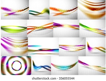 Conjunto de fondos abstractos de movimiento borroso que fluyen por las olas. Diseño de líneas futuristas suaves. Negocio, mensaje tecnológico, presentación o identidad. Ilustración del vector