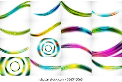 Set of wave flowing blurred motion abstract backgrounds. Smooth futuristic line layouts. Business, technology message, presentation or identity. Vector illustration
