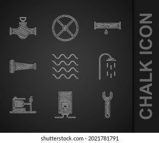 Onda fija, Caldera de gas con fuego de combustión, Corredor de llave, Ducha, Bomba de agua eléctrica, Tubo metálico industrial, Fugas rotas e icono de válvula. Vector