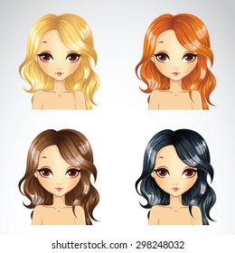 Set of wave hair styling in different colours for woman 