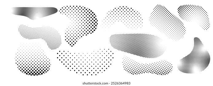 Set of wave halftone gradient dots . Abstract curved shapes, dot spots using halftone. Vector image .
