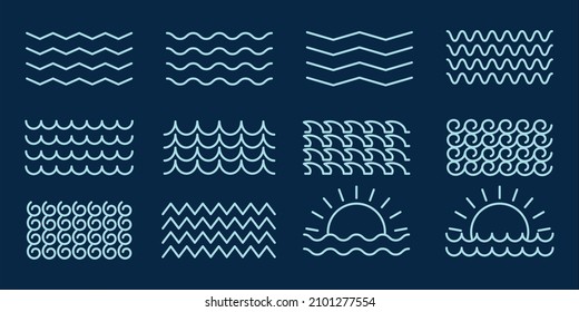 conjunto de imágenes de la línea del logotipo de la onda diseño gráfico de la plantilla de ilustración de vector simple minimalista. colección de paquetes de varios olas oceánicas con explosión solar