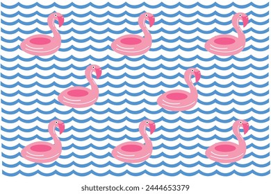 Set of wave icons in blue isolated on a white background with vector flamingos. Cartoon illustration of a blue wave, flamingos in water. 