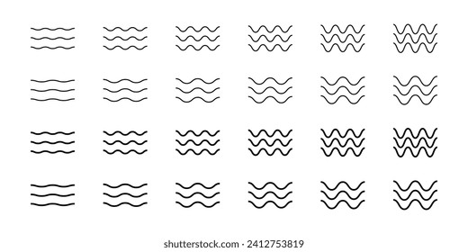 Set of wave icons. Ocean, sea, river, lake, water symbols. Air, wind, flow, stream pictograms. Undulate parallel horizontal black lines signs isolated on white background. Vector outline illustration