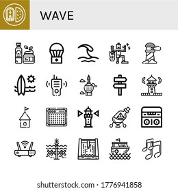 Set of wave icons. Such as Fish, Moisturizer, Airdrop, Wave, Music, Lighthouse, Surfboard, Walkie talkie, Tower, Signaling, Amplifier, Ship in a bottle, Radio, Wifi , wave icons