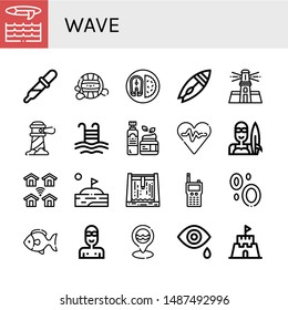 Set of wave icons such as Surf, Drop, Waterpolo, Fish, Surfboard, Lighthouse, Pool, Moisturizer, Heart rate, Surfer, Wireless, Lake, Dam, Walkie talkie, Blood, Swimmer