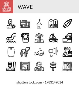 Set of wave icons. Such as Surfing, Waterpolo, Swimming pool, Tower, Commandments, Surfboard, Waterpark, Paddle, Lighthouse, Boat, Algarve, Bodyboard, Dubbing, Whale , wave icons