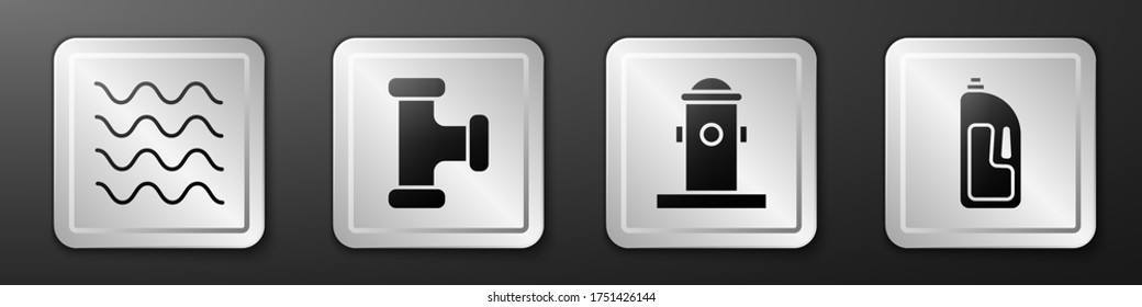 Set Wave, Industry metallic pipe, Fire hydrant and Container with drain cleaner icon. Silver square button. Vector