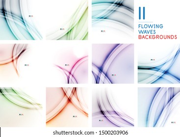 Set of wave line art patterns with flowing color wave backgrounds for web design. Blurred waves wallpapers, technology style banners.