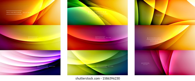 Set von Wellenflüssigkeitslinien mit Schatten und Licht auf Farbverlauf-Hintergründen. Trendy einfache Farbverlauf-abstrakte Hintergründe mit dynamischem, gerade Schattenzeileneffekt. Vektorgrafiken