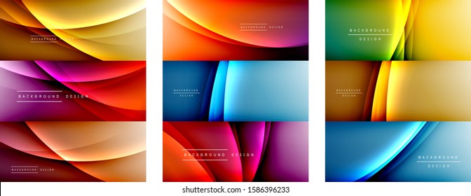 Set of wave liquid style lines with shadows and light on gradient backgrounds. Trendy simple fluid color gradient abstract backgrounds with dynamic straight shadow line effect. Vector Illustrations