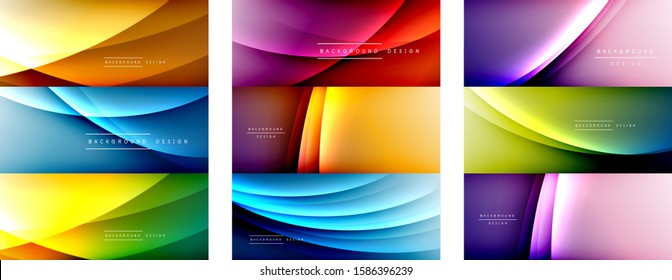 Set of wave liquid style lines with shadows and light on gradient backgrounds. Trendy simple fluid color gradient abstract backgrounds with dynamic straight shadow line effect. Vector Illustrations