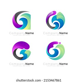 Set wave logo with circle, ocean icon, 3d colorful