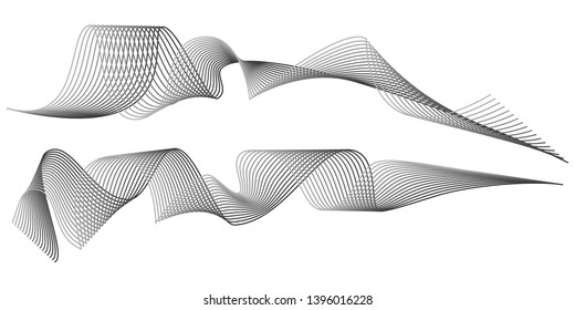 Set of Wave of the many gray lines. Design elements. Curved smooth arrow tape. Abstract wavy stripes isolated on a white background. Creative line art. Vector illustration