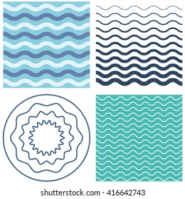 Set Wave Pattern Template And Wavy Circle. Blue And Black Waves. Set Graphic Vector Background With Waves, Pattern Seamless.