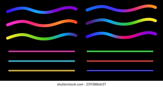 Set of wave Rainbow Color Gradient Lines. Squiggle Doodle Waves Celebration and Parties. Fun Curve Neon Graphic Shapes