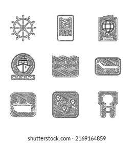 Set Wave, Route Position, Life Jacke, Sonnenbett und Regenschirm, Lifeboat, Kreuzfahrtschiff, Passport und Schiff Lenkrad Symbol. Vektorgrafik