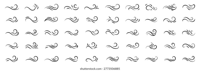 Set of wave shapes, wave formats, shapes, wave forms of water or wind flows. symbol shapes of wind and water waves flow.