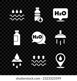 Set Wave with water drop, Bottle of, Chemical formula for H2O, Recycle clean aqua, Waves and evaporation, Water location,  and  icon. Vector