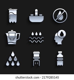 Set Wave With Water Drop, Water Cooler, Bottle Of, Jug Filter, Forbidden And Cartridge Icon. Vector