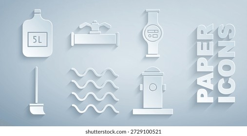 Set Wave, Water meter, Mop, Fire hydrant, Industry pipe and valve and Big bottle with clean water icon. Vector