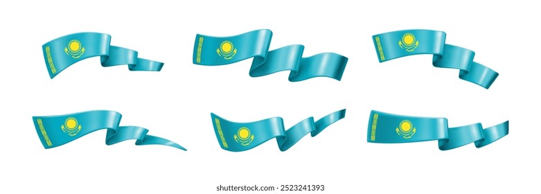 Conjunto de fitas de seda azul onduladas com um ornamento tradicional cazaque, sol e águia isolados em um fundo branco. Bandeira do Cazaquistão. Elemento de design para cartão de saudação de feriados nacionais do Cazaquistão