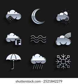 Set Waves, Cloud with rain, Snowflake, Rainbow clouds, Classic elegant opened umbrella, Fahrenheit and, Windy weather and snow icon. Vector