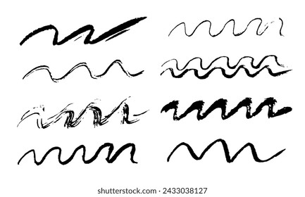 Set of waves drawn by hand. Pencil strokes. Brushes of different shapes on a black background. Vector brushes in grunge style. Vector horizontal lines in pencil. Vector lines coal, drawn by hand.