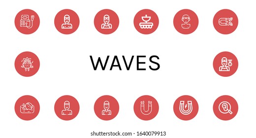 Set of waves icons. Such as Sonography, Swimmer, Antenna, Magnet, Ear, Listening , waves icons