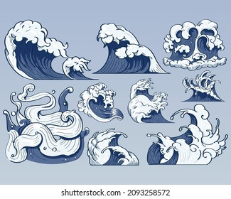 a set of waves illustration in japanese style