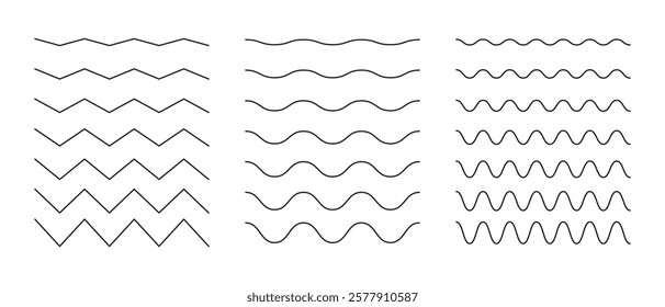 Set of waves line. Wave ornament patterns. Water, river, lake, sea, ocean symbol. Wave thin line background. Zigzag, wavy undulate borders, transverse horizontal underline. Sine, fluid, air, wind sign