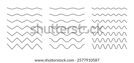 Set of waves line. Wave ornament patterns. Water, river, lake, sea, ocean symbol. Wave thin line background. Zigzag, wavy undulate borders, transverse horizontal underline. Sine, fluid, air, wind sign