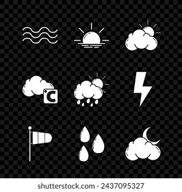 Set Waves, Sunrise, and cloud weather, Cone meteorology windsock wind vane, Water drop, Cloud with moon stars, Celsius and rain sun icon. Vector