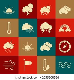 Set Waves, Wind rose, Rainbow with clouds, Cloud rain and sun, Windy weather, Thermometer, Sunrise and Storm icon. Vector