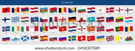 A set of wave-shaped flags of European countries in alphabetical order. Detailed national flags of Europe countries, including small states and partially European countries. Vector illustration