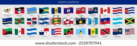 A set of wave-shaped flags of North American countries. Detailed national flags of North and Central America countries, including small states and dependent territories. Vector illustration