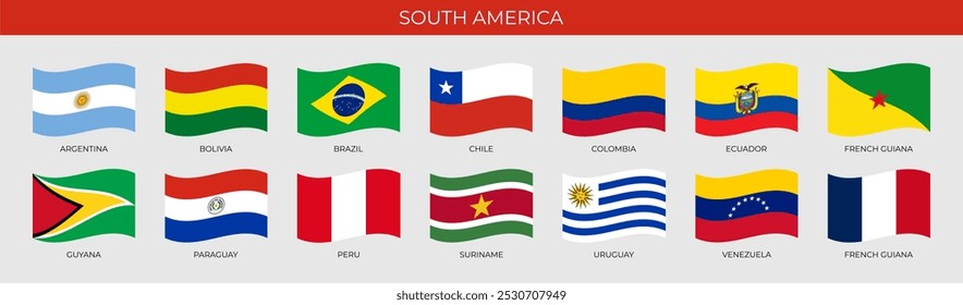 A set of wave-shaped flags of South American countries. Detailed national flags of South America countries, including small states and dependent territories. Vector illustration