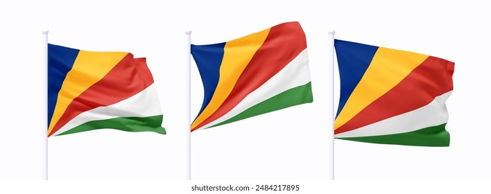 Set of waving flag on flagpole. Realistic 3d design flag flies on the wind on isolated white background. vector illustration
