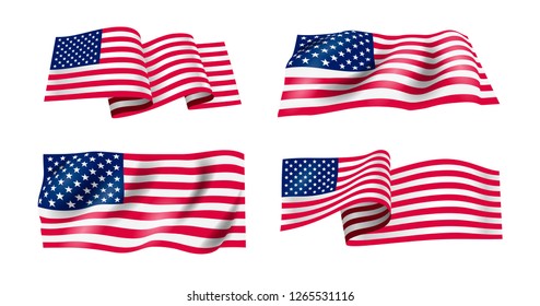 Set of waving flag of the United States of America. Wavy American Flag for Independence Day. Vector illustration. Isolated on white background.