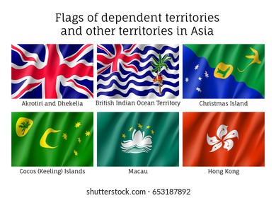 Set of waving flags of dependent territories in Asia: Akrotiri and Dhekelia, British Indian Ocean Territory, Christman and Keeling Islands, Macau, Hong Kong. Collection with 6 signs. Vector isolated