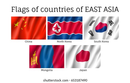 Set of waving flags of East Asian countries: China, South and North Korea, Japan and Mongolia. Collection with 5 signs of Asian states. Vector isolated icons