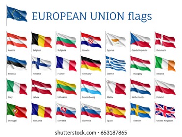 Set of waving flags of EU: Spain, Sweden, Poland and Portugal, Belgium, Denmark, Latvia and Romania. 25 ensigns on flagpole of European Union states. Vector isolated icons on white background
