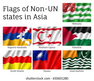 Set of waving flags of non-un states: Abkhazia, Kashmir and Northern Cyprus, Nagorno-Karabakh, Palestine and Taiwan. Collection with 7 signs. Vector isolated icons