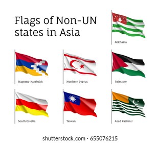 Set of waving flags of non-un states: Abkhazia, Kashmir and Northern Cyprus, Nagorno-Karabakh, Palestine and Taiwan. Collection with 7 signs. Vector isolated icons