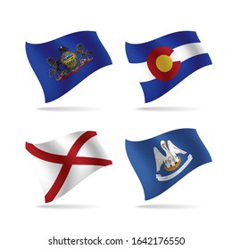 Set of waving flags of the USA states and territories isolated on white. Flags of Pennsylvania, Colorado, Alabama and Louisiana states. Vector illustration