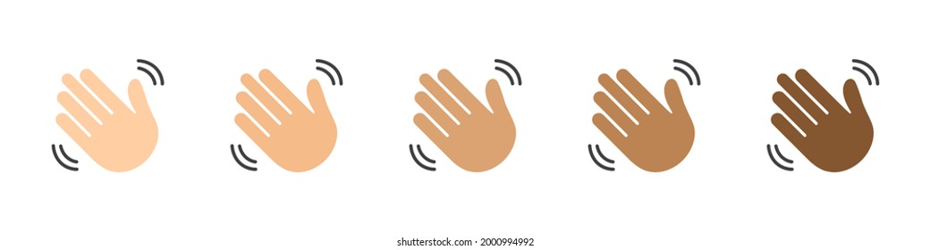 Set of waving hands isolated on white background. Hands of people of different skin colors. A sign of greeting or goodbye. Flat style. Vector illustration
