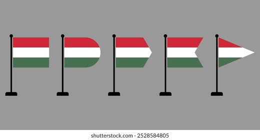 Conjunto de Bandeiras de Hungria Acenando em Polos em Várias Formas, Isolado no Fundo Cinza, Estilo de Design Plano, Editável e Escalável Vetor EPS Arquivo para Design Gráfico e Elementos de Impressão.