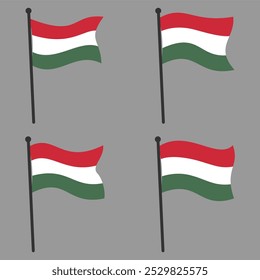 Set of Waving Hungary Flags on Poles in Various Shapes, Isolated on Gray Background, Flat Design Style, Editable and Scalable Vector EPS File for Graphic Design and Print Elements.