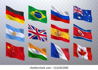 Set of waving National flags of Germany, Brazil, Russian Federation, Australia, Argentina, United Kingdom, Spain, North Korea, Chine, India, France, Canada on a transparent background.